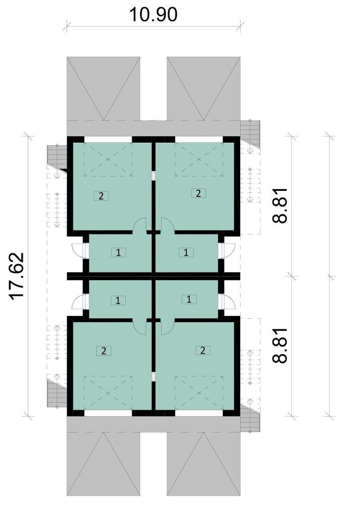Proiect 169 — plan etaj: clădire modernă înșiruită cu 2 niveluri, 4 unități și balcoane