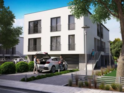 Proiect 169 — randare a casei: clădire modernă înșiruită cu 2 niveluri, 4 unități și balcoane