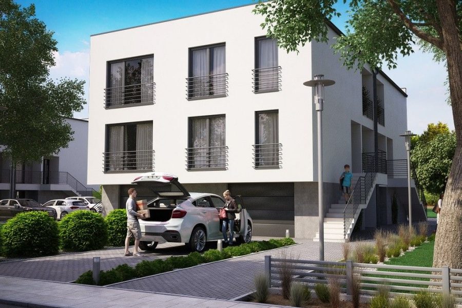 Proiect 169 — randare a casei: clădire modernă înșiruită cu 2 niveluri, 4 unități și balcoane