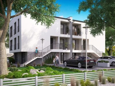 Proiect 169 — randare a casei: clădire modernă înșiruită cu 2 niveluri, 4 unități și balcoane