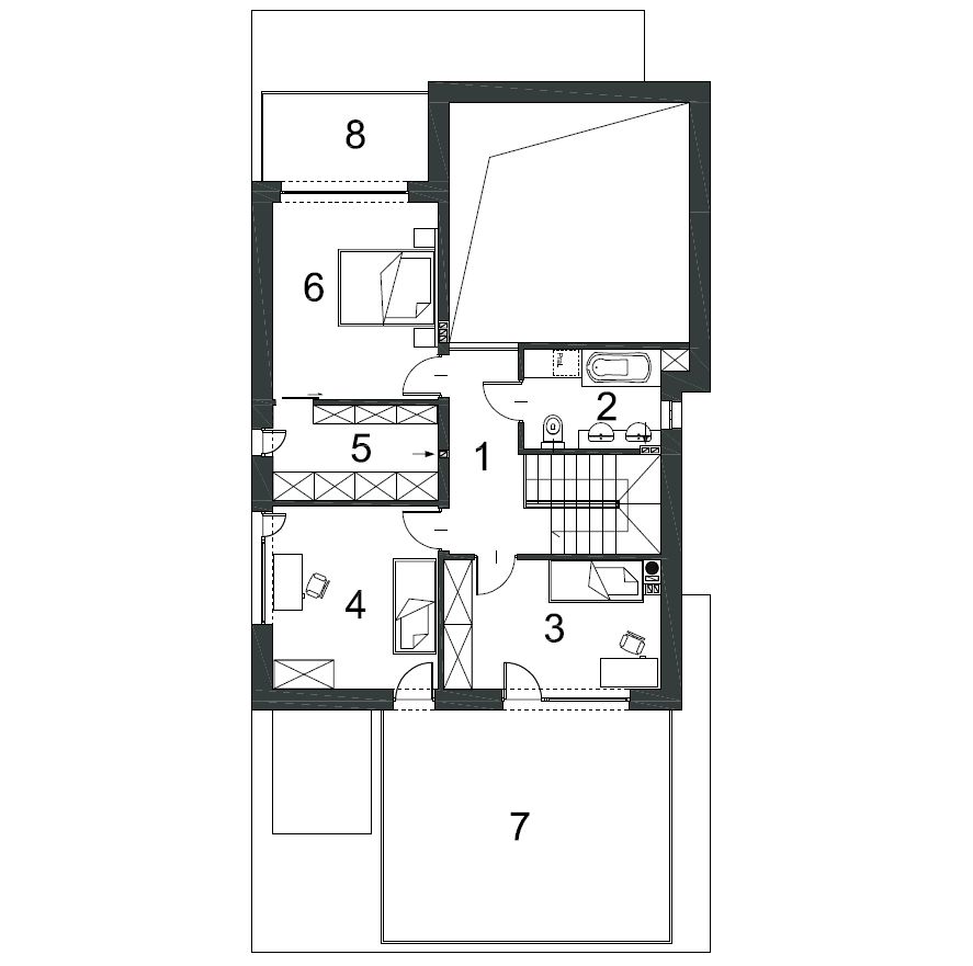 Proiect 170 — plan etaj: vilă modernă cu etaj, 3 dormitoare, balcon și garaj dublu