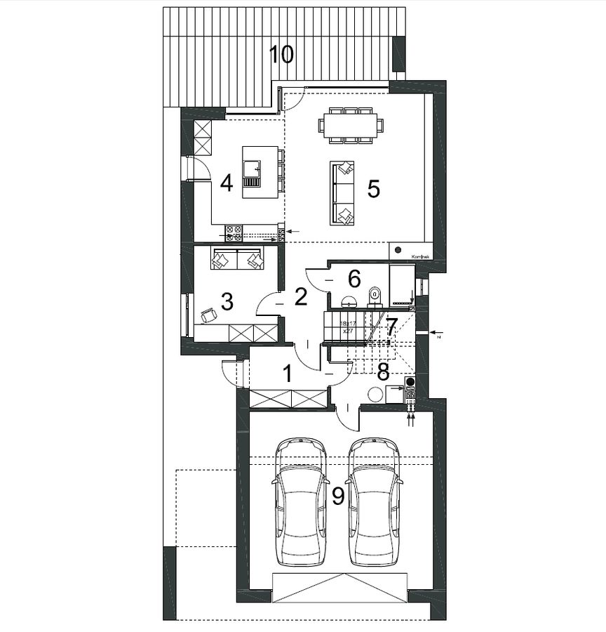 Proiect 170 — plan parter: vilă modernă cu etaj, 3 dormitoare, balcon și garaj dublu