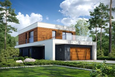 Proiect 170 — randare a casei: vilă modernă cu etaj, 3 dormitoare, balcon și garaj dublu