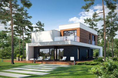 Proiect 170 — randare a casei: vilă modernă cu etaj, 3 dormitoare, balcon și garaj dublu