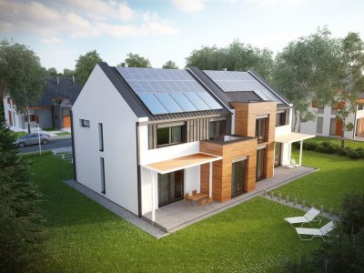 Proiect 171 — randare a casei: vilă modernă cu etaj, 4 dormitoare, garaj dublu și panouri solare