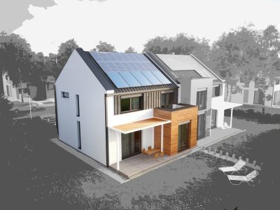 Proiect 171 — randare a casei: vilă modernă cu etaj, 4 dormitoare, garaj dublu și panouri solare