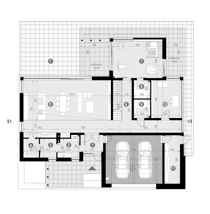 Proiect 173 — plan parter: vilă modernă spațioasă cu 5 dormitoare, piscină și garaj dublu