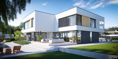 Proiect 173 — randare a casei: vilă modernă spațioasă cu 5 dormitoare, piscină și garaj dublu