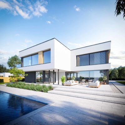 Proiect 173 — randare a casei: vilă modernă spațioasă cu 5 dormitoare, piscină și garaj dublu